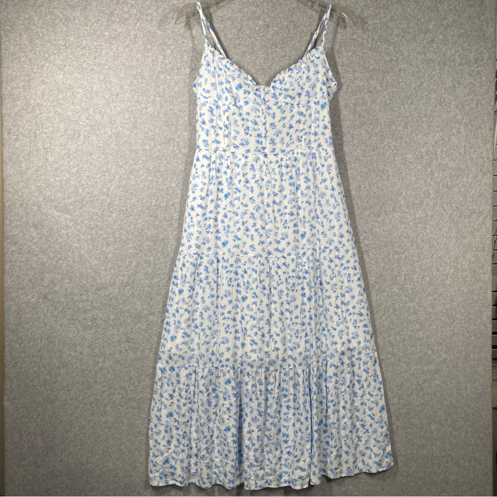 Dee Elly Blue Floral Corset Tiered Midi Dress Boho Country Cottage Soft Size M